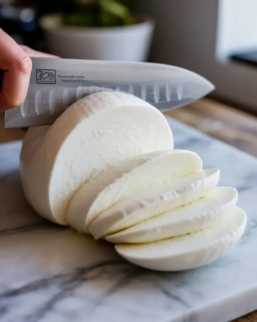 Slicing fresh mozzarella into even rounds for a creamy, rich caprese layer