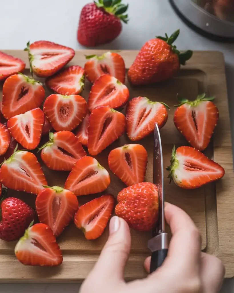 Slicing fresh strawberries to ¼-inch thickness for layering in caprese salad