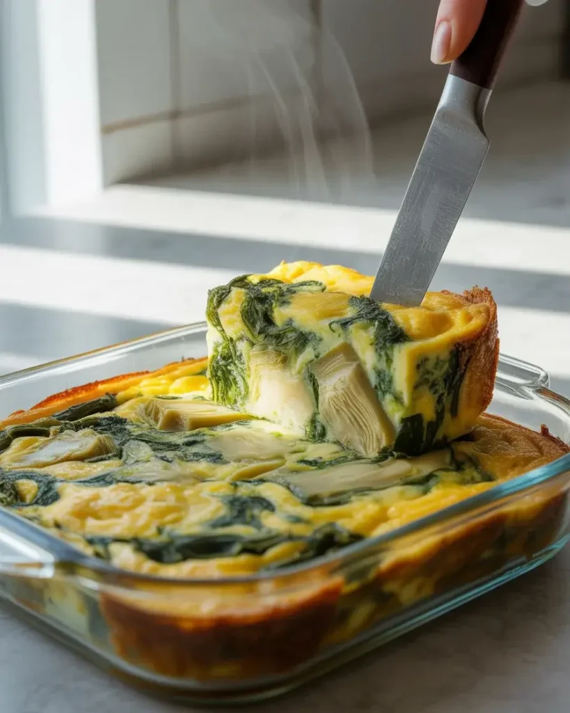 Slicing golden-baked egg bars to reveal the custardy spinach and artichoke interior