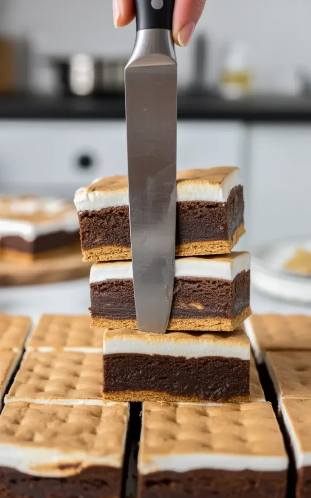 Slicing s'mores brownies to reveal perfect graham, brownie, and marshmallow layers