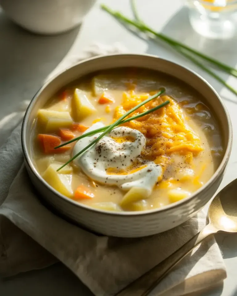 Slow cooker creamy vegetable soup topped with melted cheddar, sour cream, and fresh chives