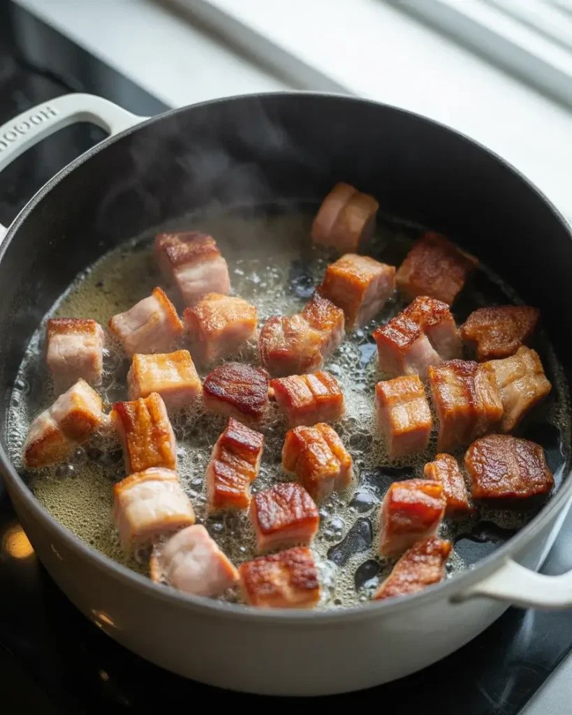 Smoked pork belly browning in the pot, building the flavor base for the soup