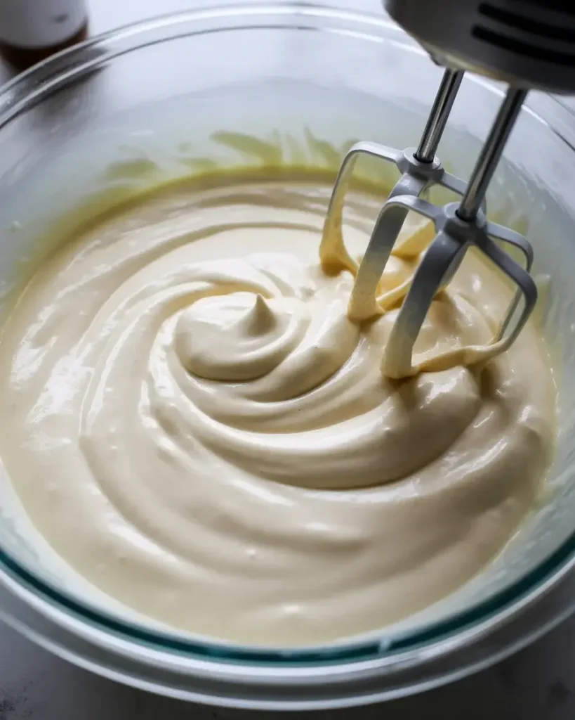 Smooth cream cheese filling beaten until silky, ready to layer over the brownie base