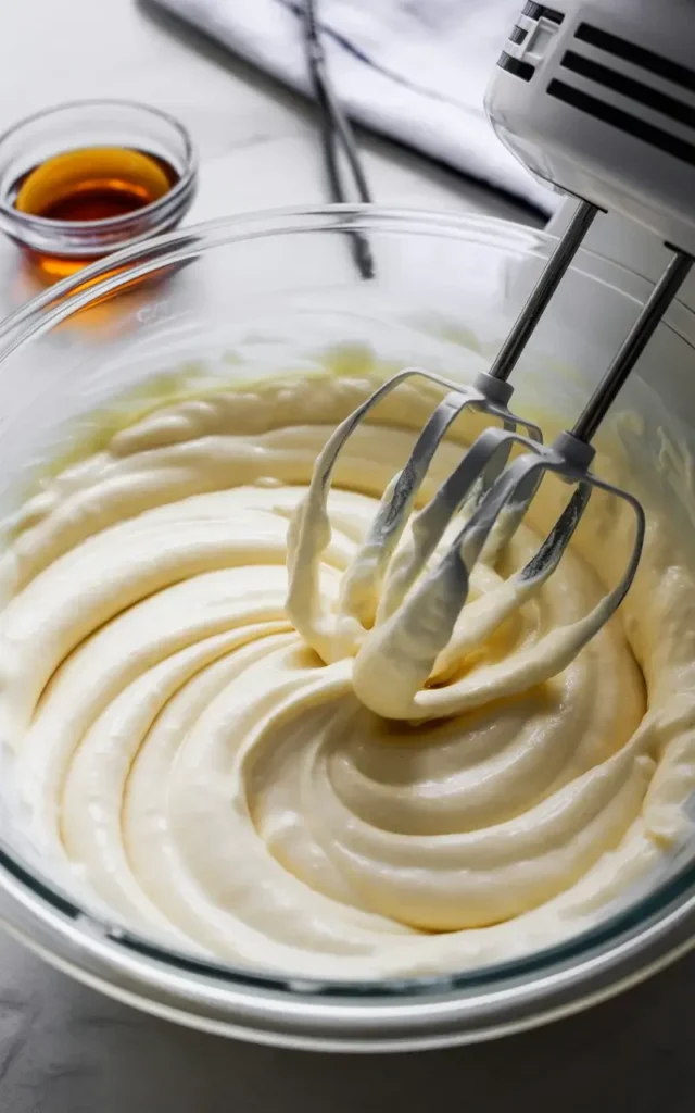 Smooth cream cheese filling beaten with sugar, egg yolk, and vanilla until fluffy