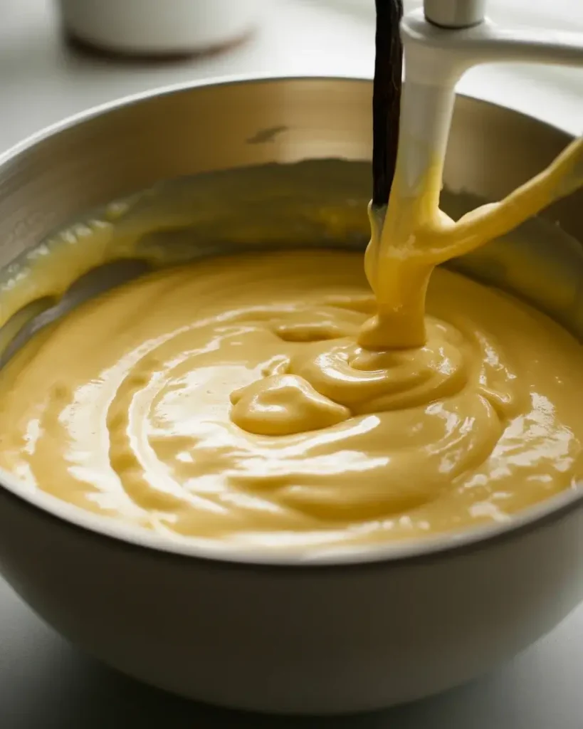 Smooth, glossy batter after eggs and vanilla are fully incorporated