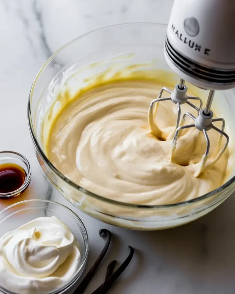 Smooth, lump-free cheesecake batter ready to pour over the brownie base