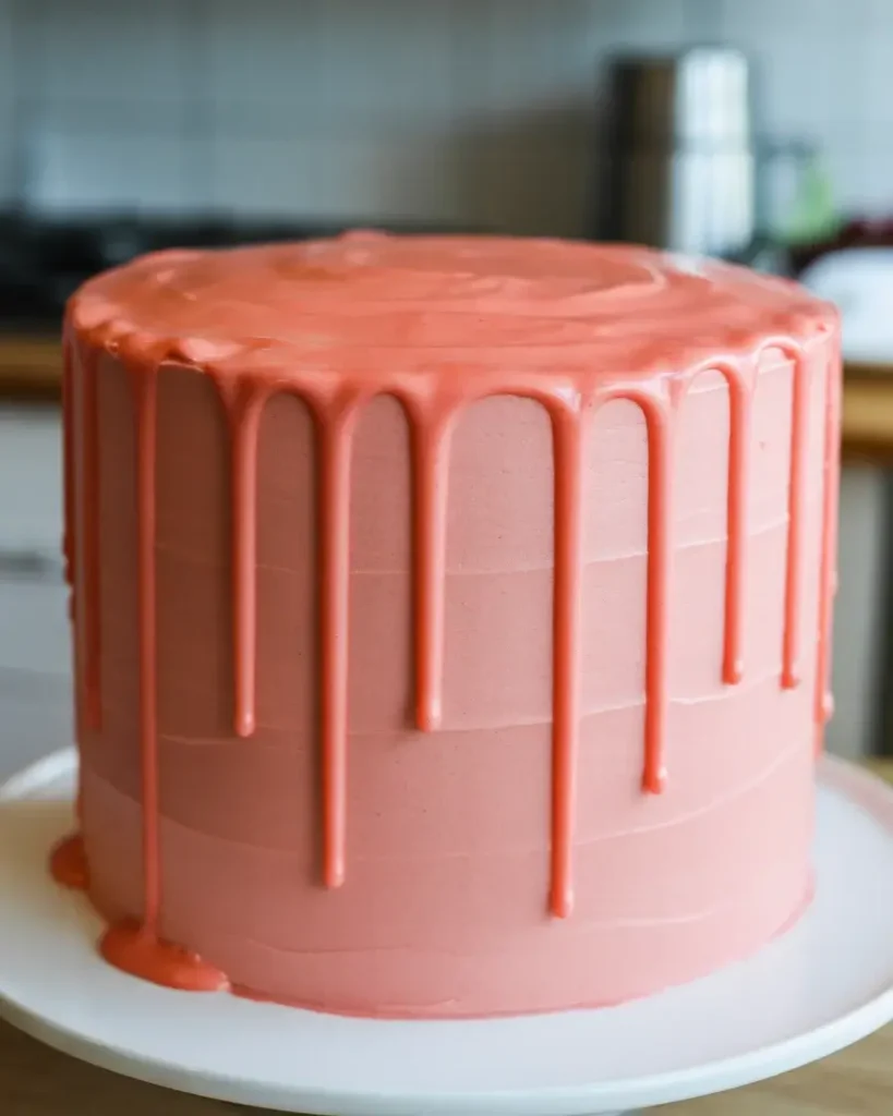 Smooth, perfectly frosted strawberry cake chilled and ready for the ganache drip