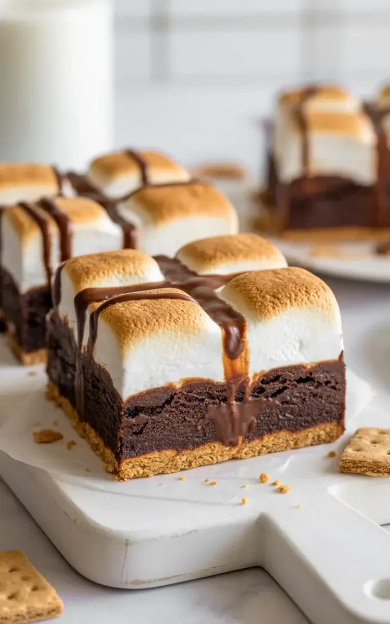 S'mores brownies with toasted marshmallow tops, fudgy chocolate center, and graham cracker crust