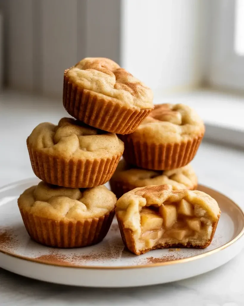 Snickerdoodle apple pie bites stacked and ready to serve with apple filling visible inside