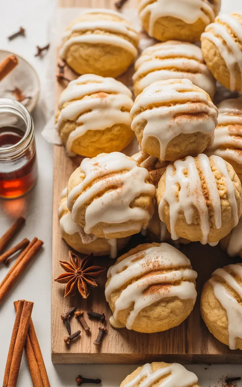 Soft autumn spice ricotta cookies glazed with maple and dusted with cinnamon, perfect for fall