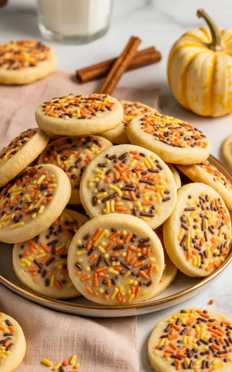 Soft autumn sprinkle sugar cookies with warm harvest colors, perfect for fall baking and holiday cookie platters