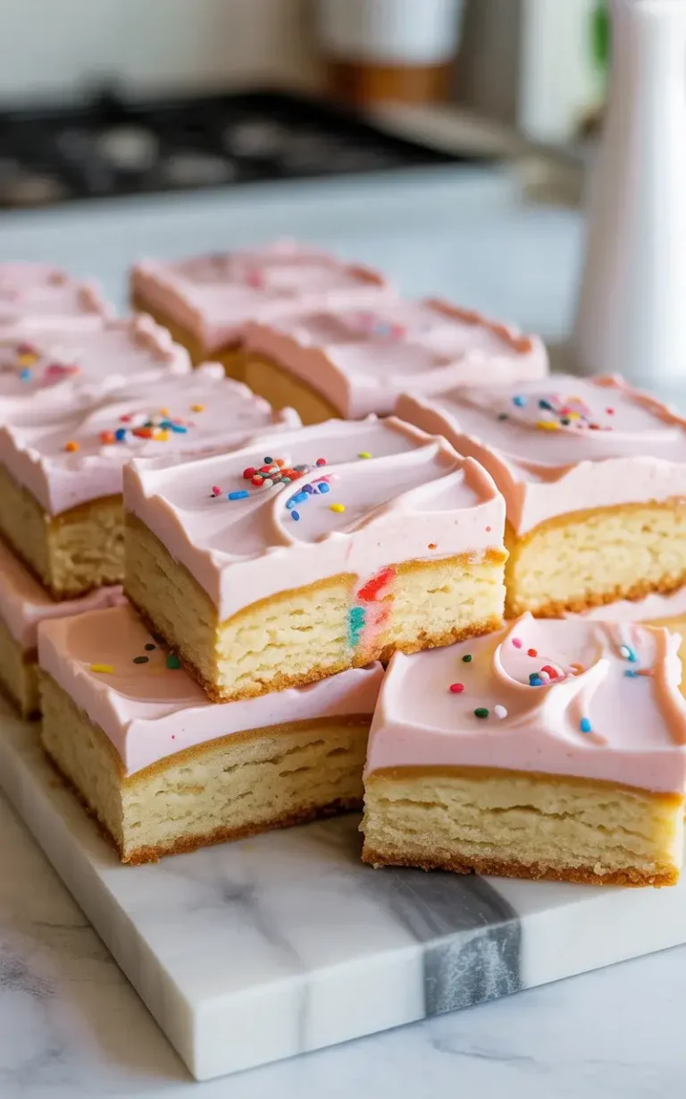 Soft, thick sugar cookie bars frosted with pastel buttercream and topped with rainbow sprinkles
