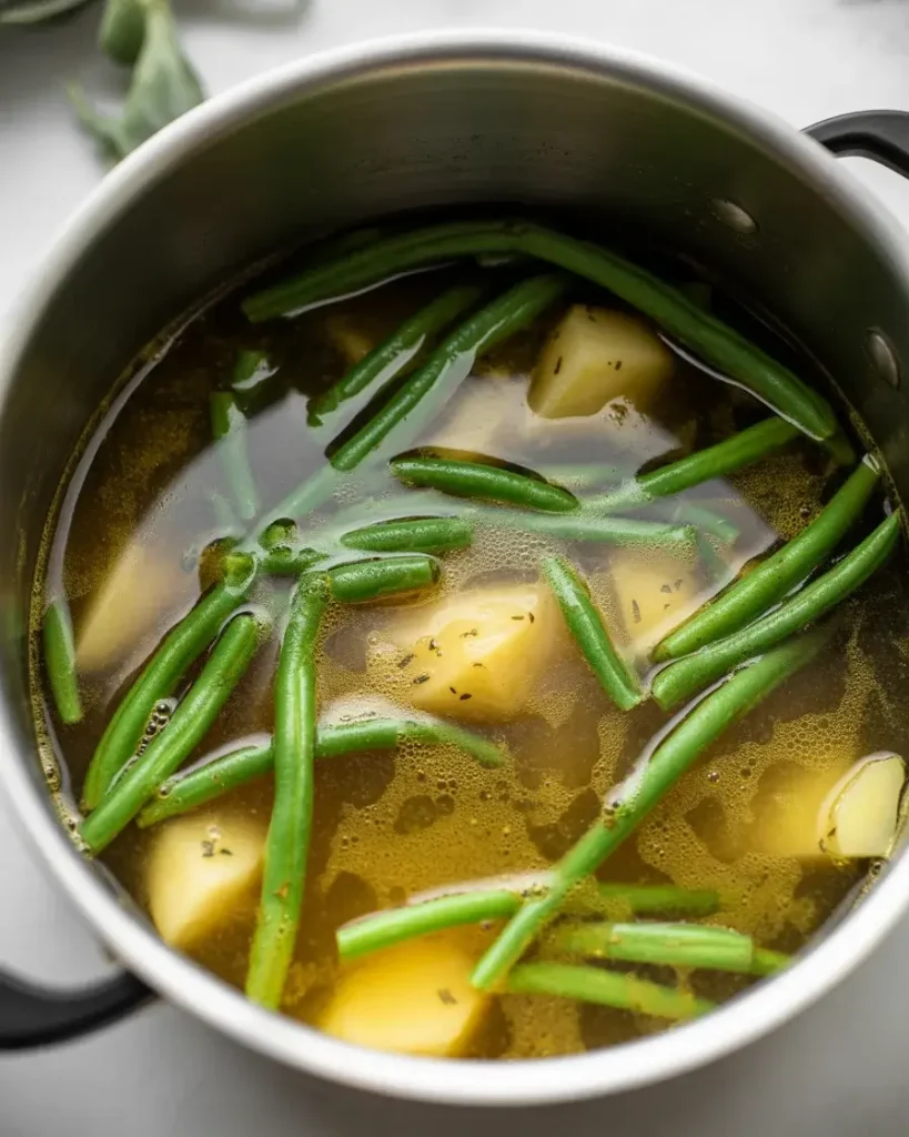 Soup simmering gently until potatoes and green beans reach perfect tenderness