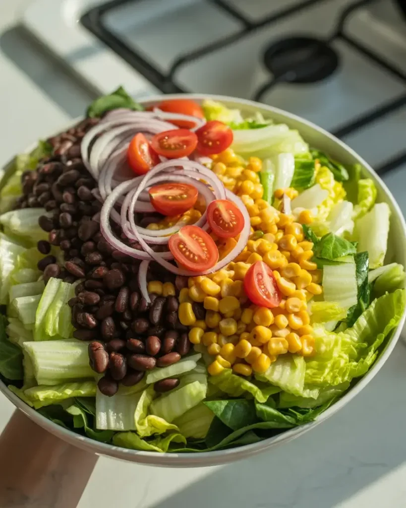 Southwest salad base layered with romaine, black beans, charred corn, and cherry tomatoes