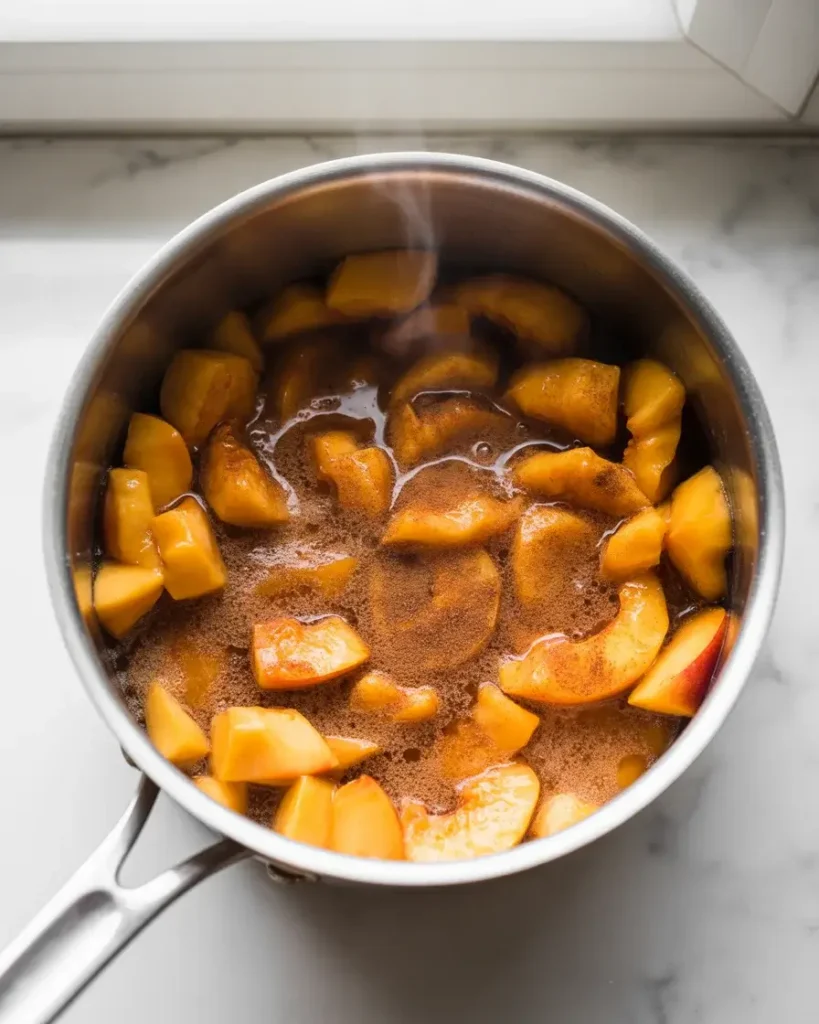  Spiced peaches simmering in brown sugar and cinnamon until thick and glossy