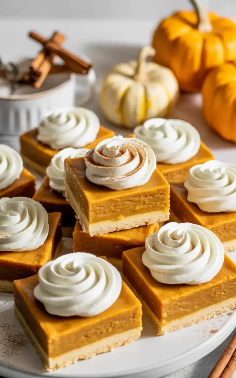 Spiced pumpkin pie bars with buttery shortbread crust topped with whipped cream and cinnamon