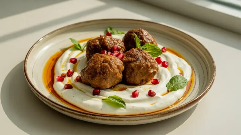 Spicy lamb meatballs over garlic yogurt with pomegranate seeds, mint, and chili oil drizzle