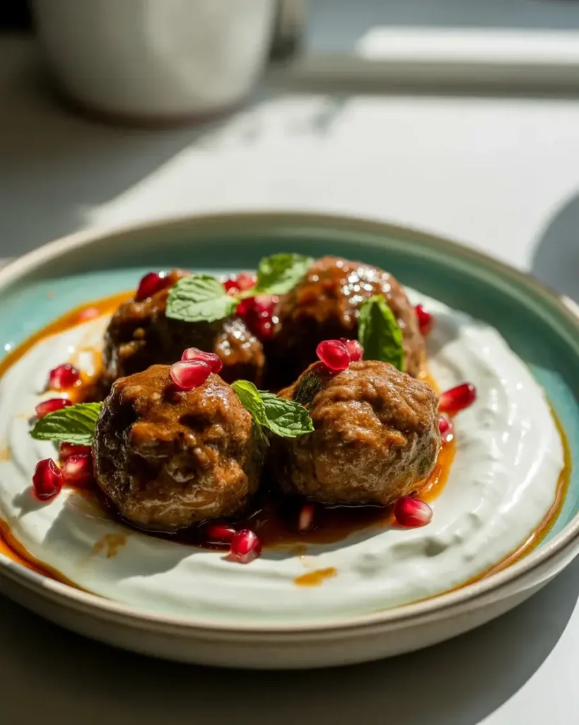 Spicy lamb meatballs plated over yogurt with pomegranate, mint, and chili oil
