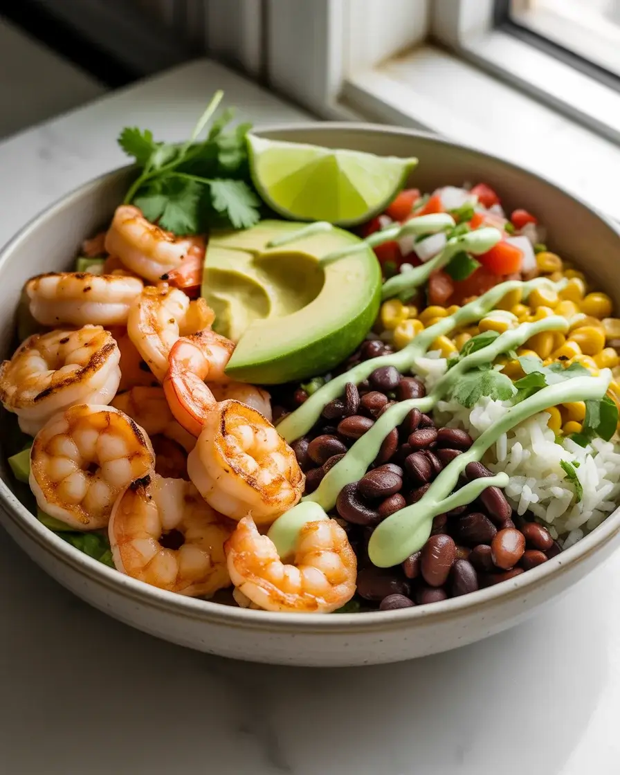 Spicy shrimp burrito bowl loaded with chipotle shrimp, avocado, cilantro rice, and jalapeño crema