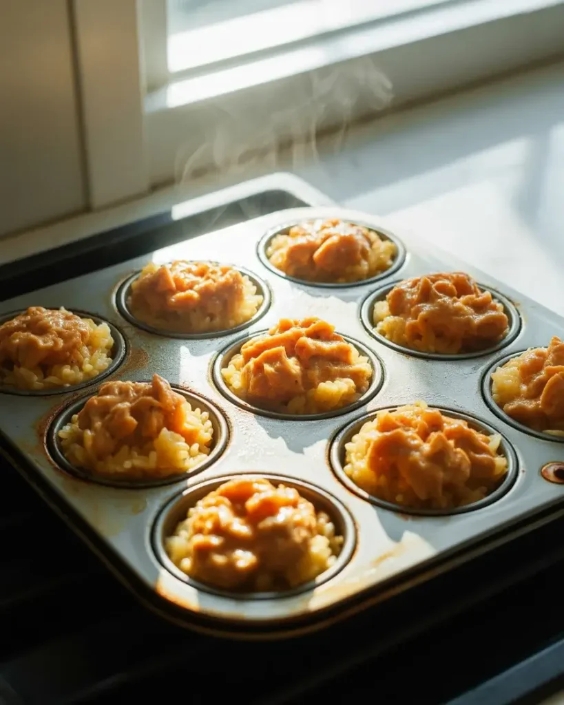 Spicy tuna cups bubbling under the broiler with golden edges and creamy filling