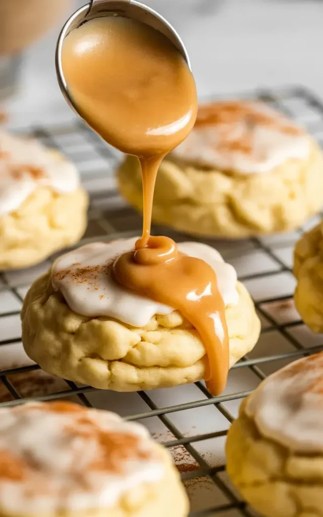  Spooning maple glaze over soft autumn spice ricotta cookies fresh from the oven