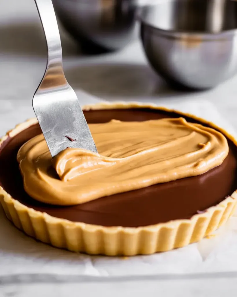 Spreading peanut butter filling over set ganache, showing beautiful contrasting layers