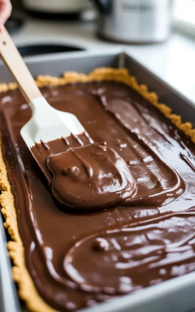 Spreading rich brownie batter over the graham crust before baking