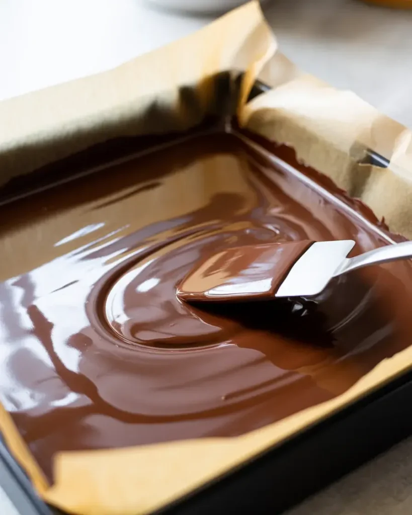 Spreading the smooth dark chocolate base layer evenly across the pan