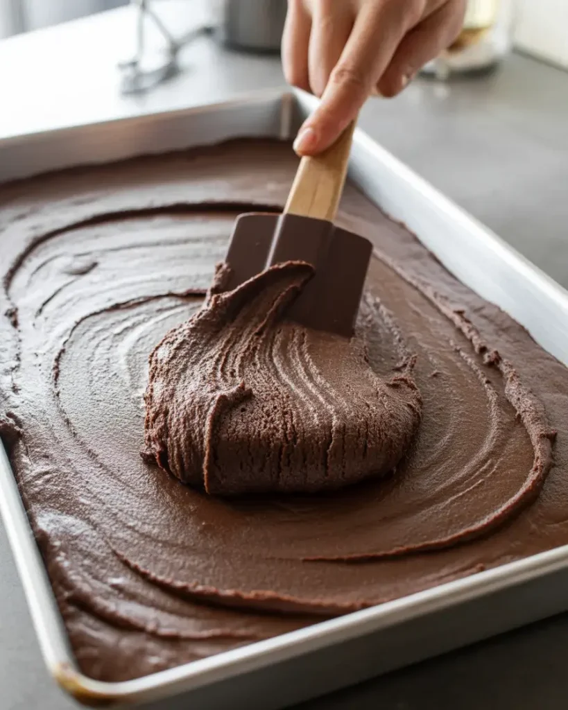Spreading thick chocolate batter evenly into a greased sheet pan before baking
