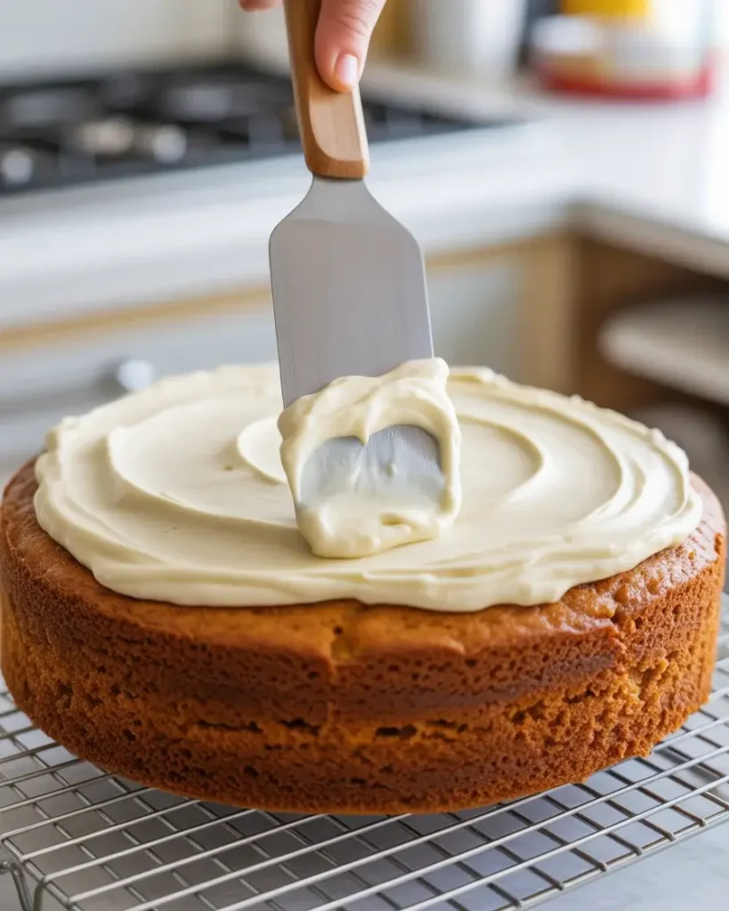 Spreading thick cream cheese frosting over a cooled autumn apple pumpkin cake