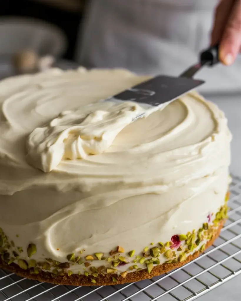 Spreading whipped mascarpone frosting over a fully cooled pistachio raspberry cake