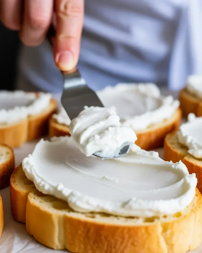 Spreading whipped ricotta edge to edge across warm golden crostini