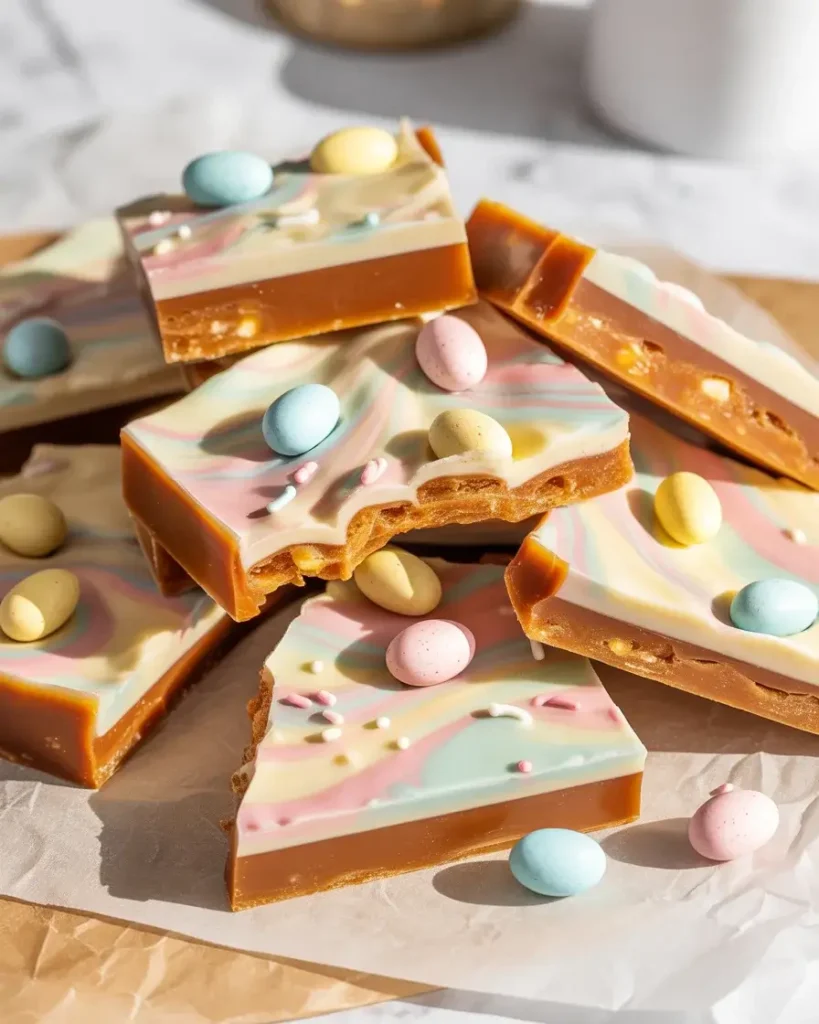 Spring toffee broken into rustic pieces showing the golden caramel base layers