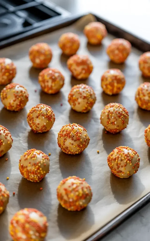 Sprinkle-coated cookie dough balls lined up on parchment and ready to bake at 375°F