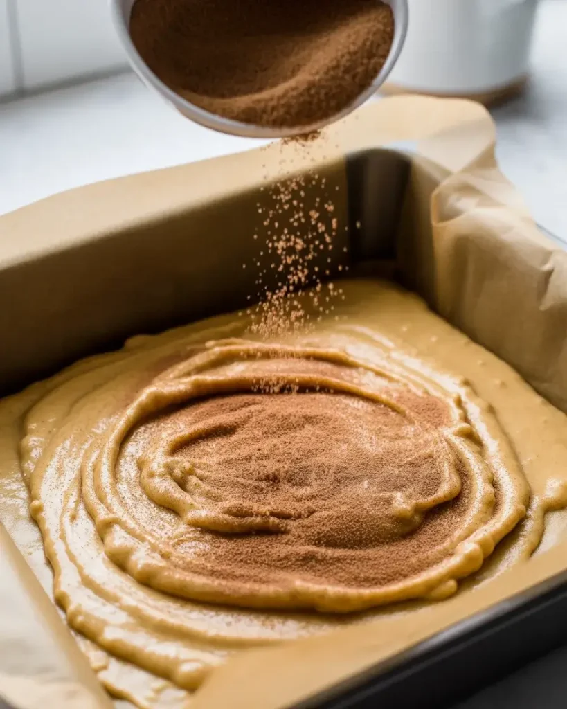 Sprinkling cinnamon sugar topping over blondie batter before baking