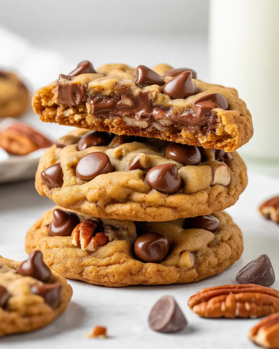 Stacked chocolate chip pecan cookies with golden edges, soft centers, and toasted pecan pieces throughout