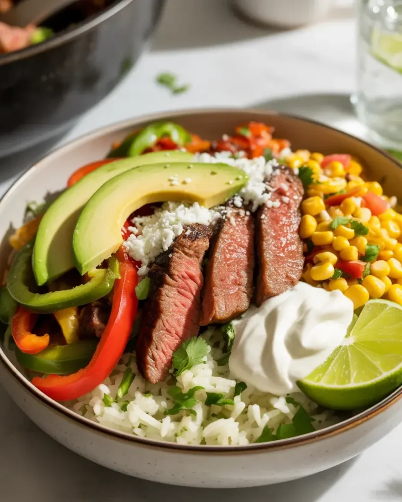 Steak fajita bowl fully built with corn salsa, avocado, cotija, and fresh lime