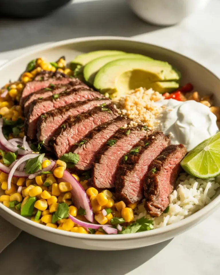 Steak fajita bowl with charred corn salsa, avocado, cotija, and lime - bold and satisfying