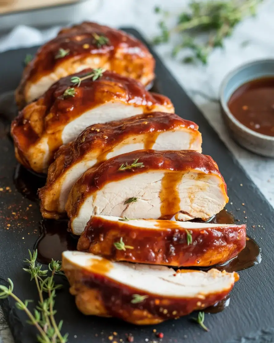 Sticky spicy maple chicken with deep caramelized glaze, sliced to show the juicy interior