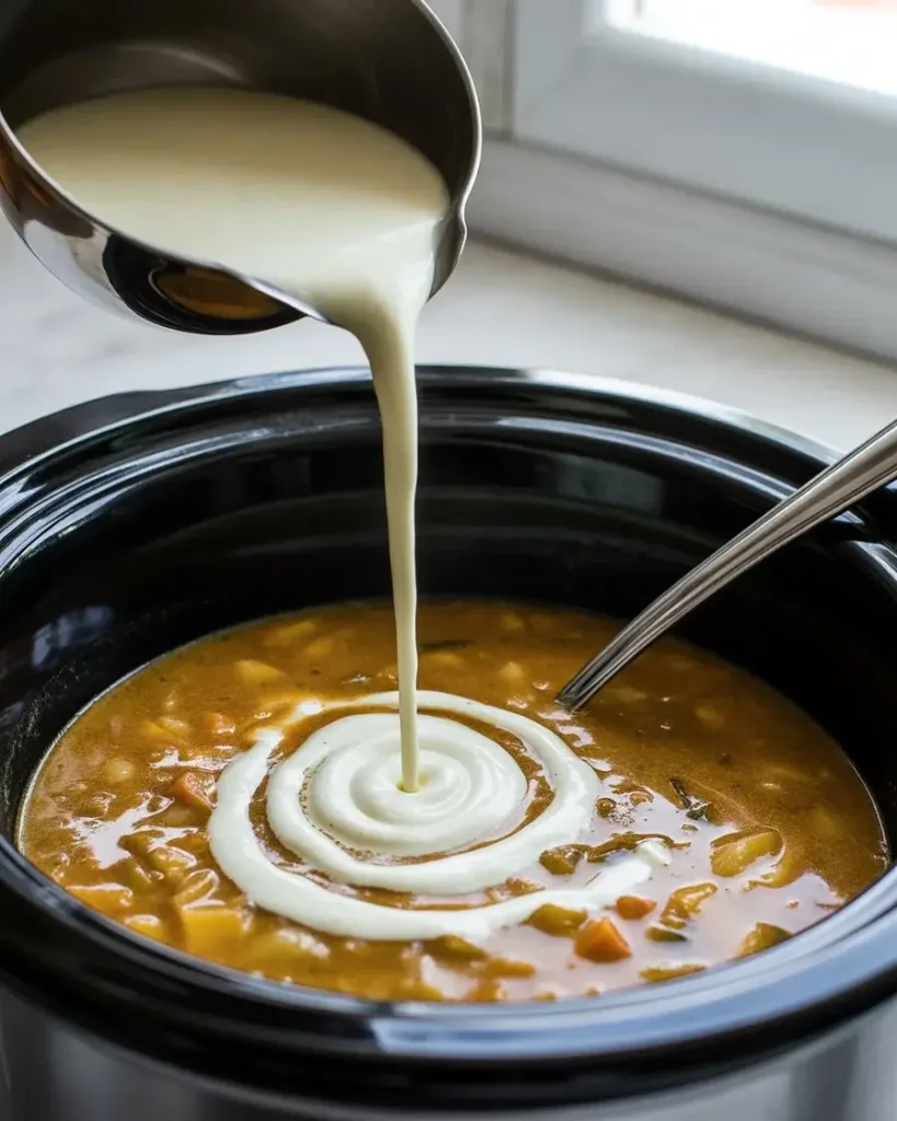 Stirring in cream on warm setting to keep the soup silky and smooth