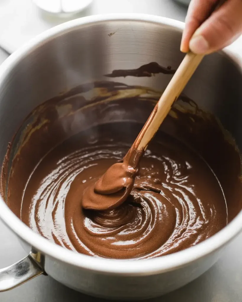 Stirring melted butter and cocoa into a rich, glossy chocolate base