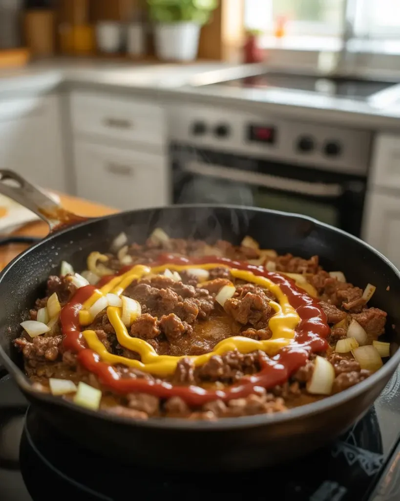 Stirring mustard, ketchup, and Worcestershire into the beef for a true cheeseburger flavor