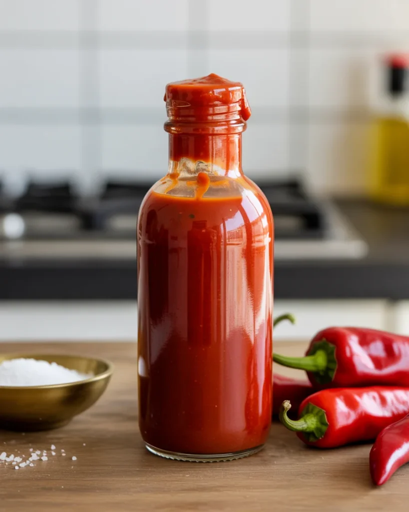 Straining the cooked sauce through a fine mesh for a smooth, glossy final result