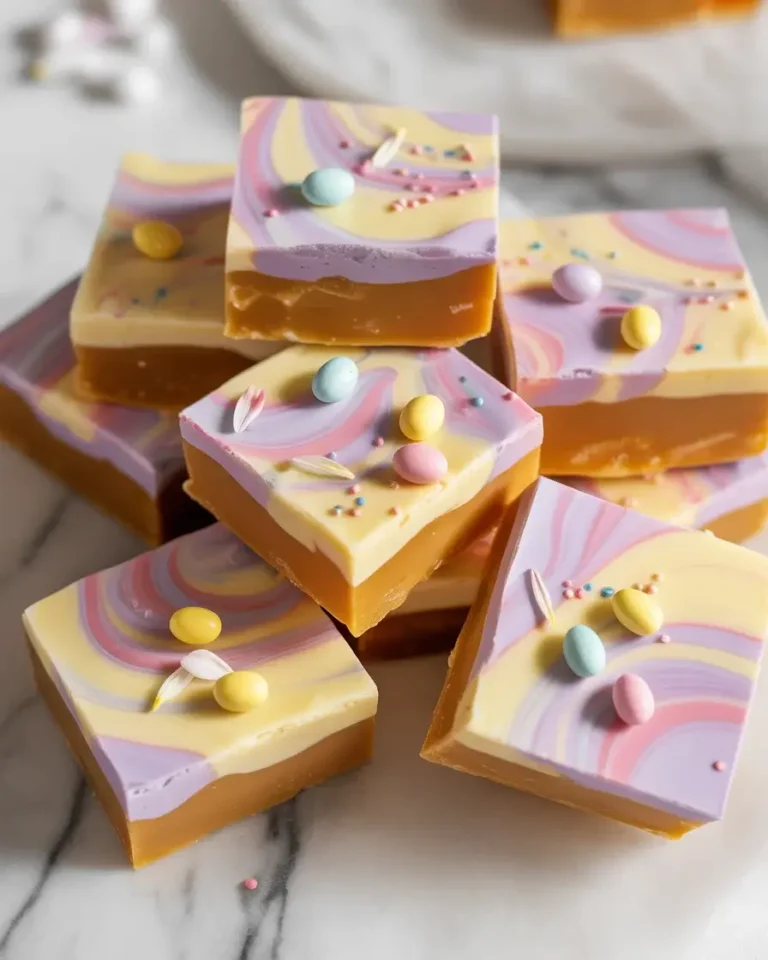 Stunning spring delight toffee with pastel swirled chocolate and festive seasonal toppings