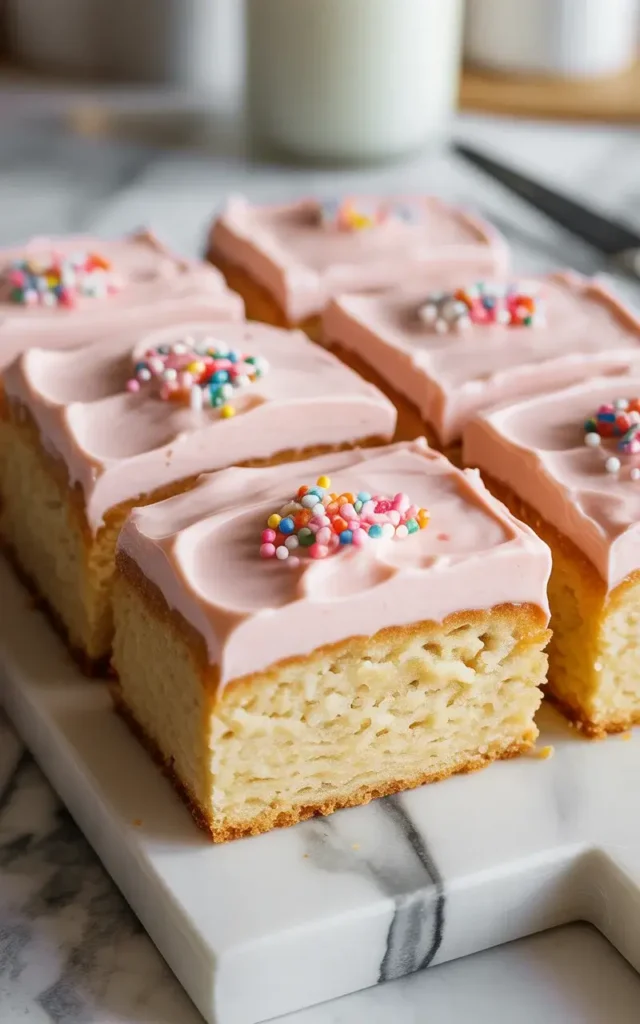Sugar cookie bar batter pressed evenly in the pan and baking to golden perfection