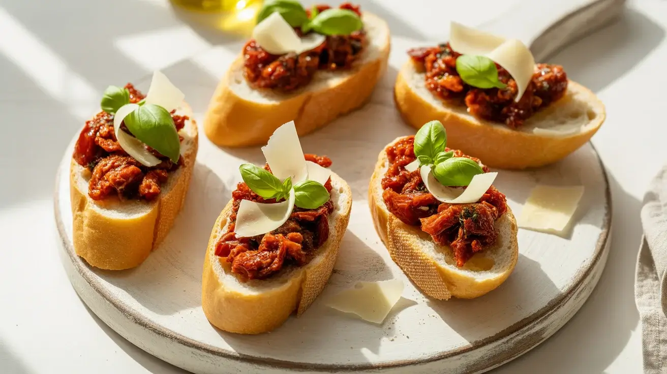 Sun dried tomato bruschetta with fresh basil and Parmesan on crispy garlic-rubbed toast