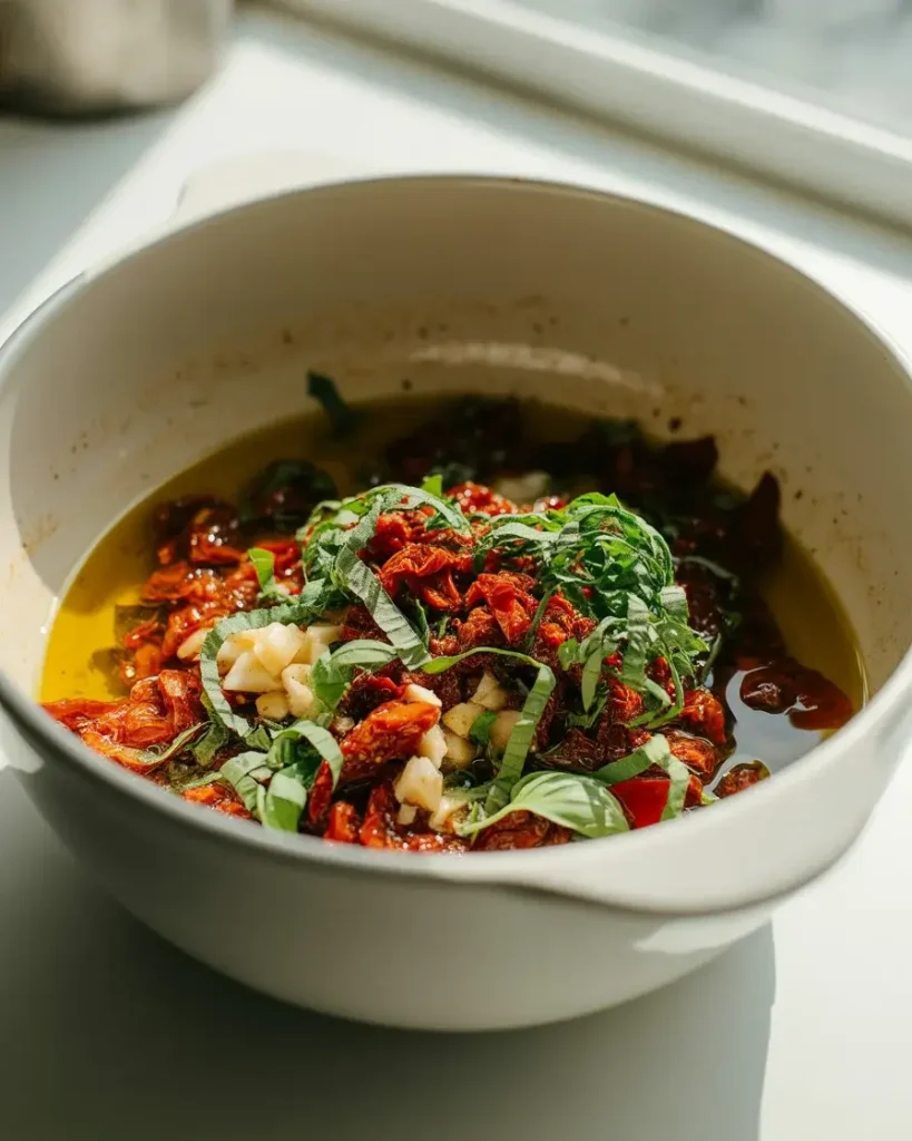 Sun dried tomato topping with garlic, basil, and red pepper flakes