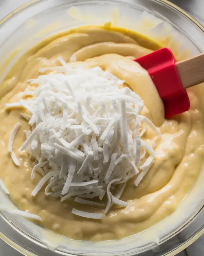 Sweetened shredded coconut folded evenly into the custard filling