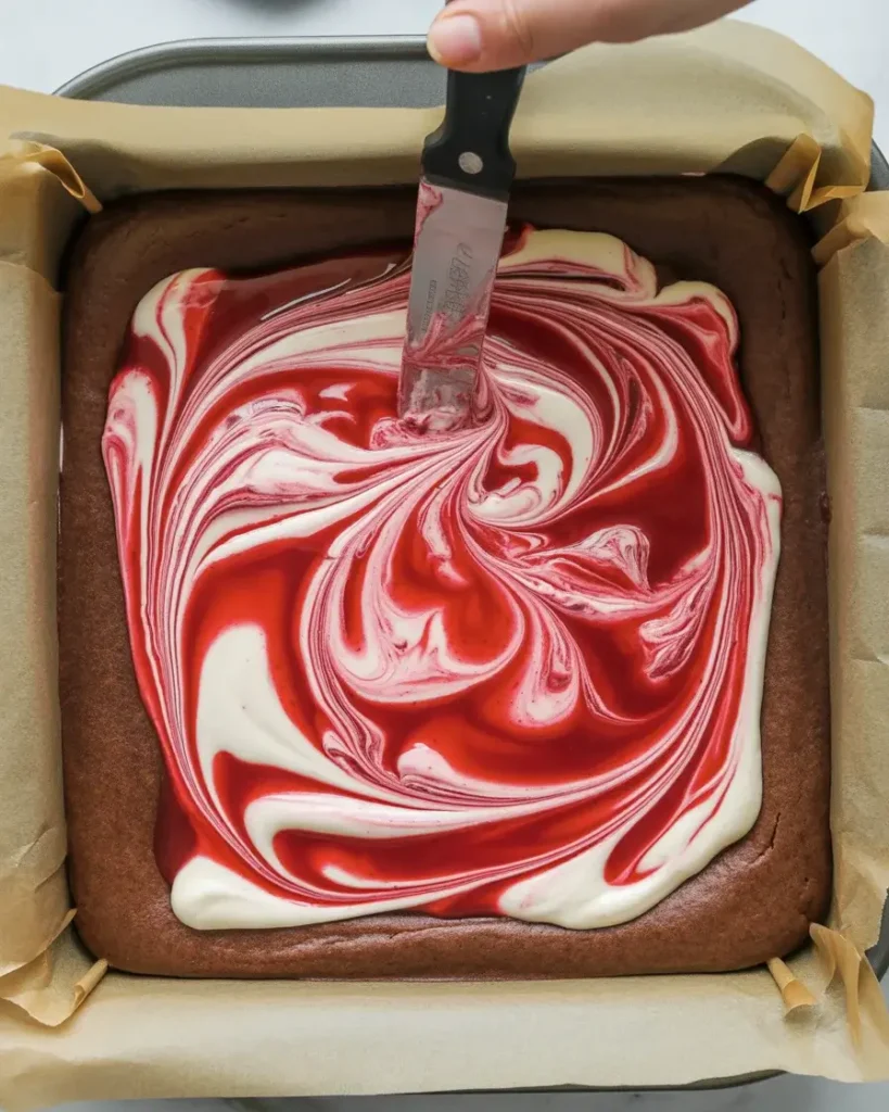 Swirling cherry, cheesecake, and brownie batter into a beautiful marble pattern before baking
