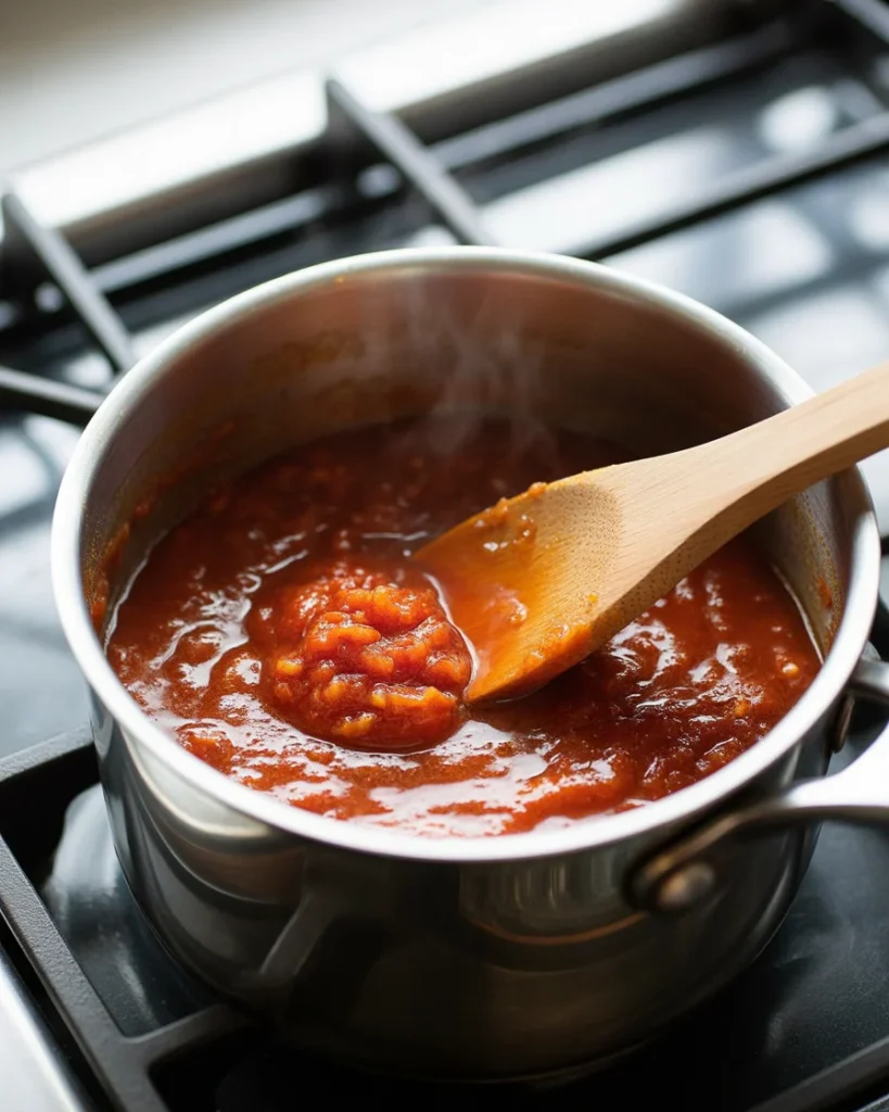 Tabasco pepper mash simmering on the stovetop, deepening in color and flavor